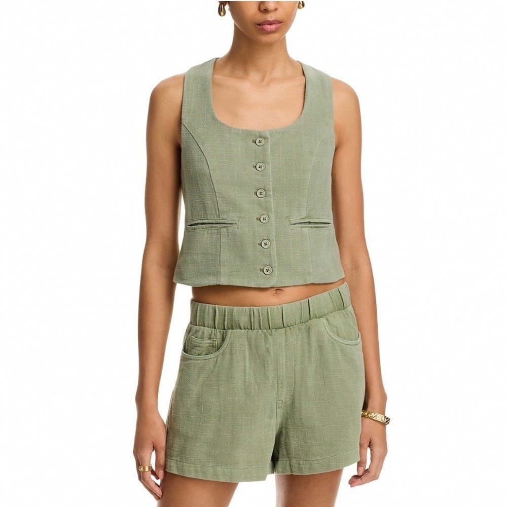 BlankNYC Desert Sage Green Button Front Linen Blend Cropped Vest Medium